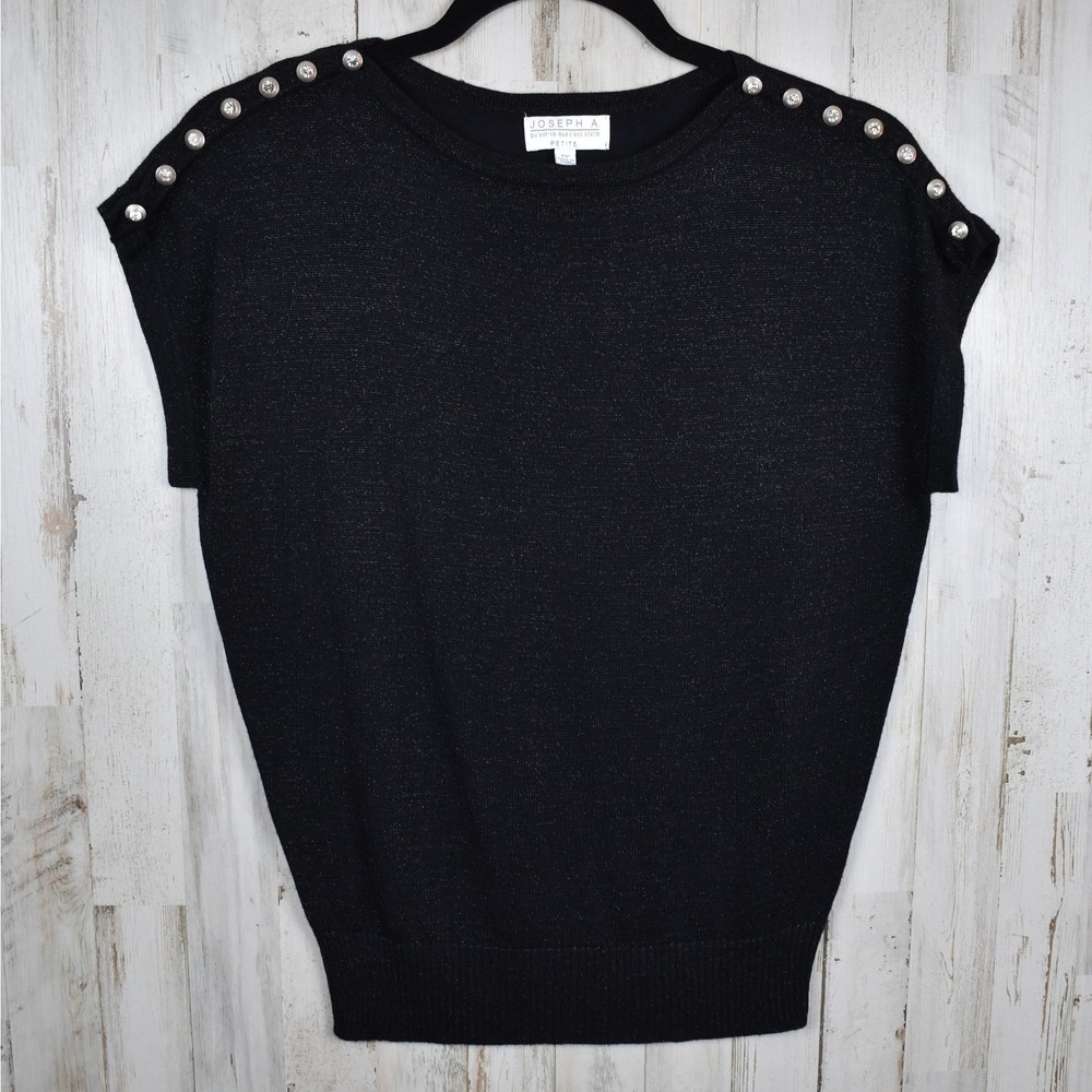 Joseph A Black Shimmer Knit Top PXS Rhinestone Shoulder Button Glam Vintage 90s